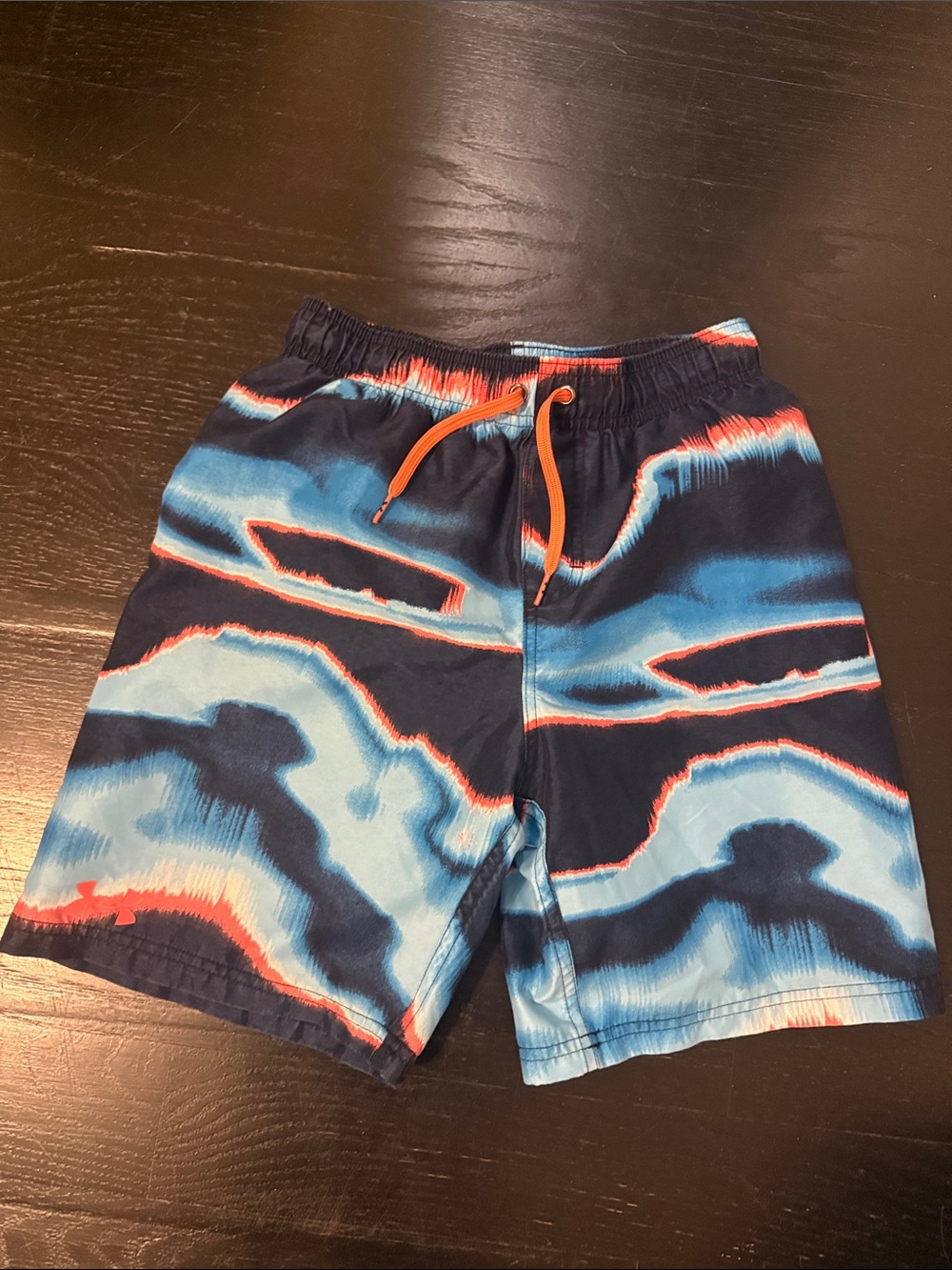 Under Armour Blue & Navy Wave Print Swim Trunks with Orange Drawstring